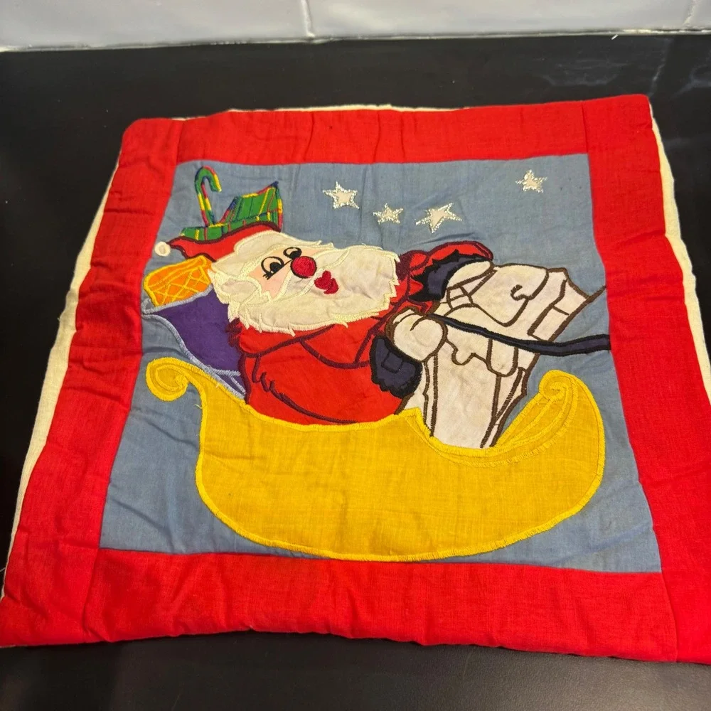 Handmade Pillow Cover Home 15x15 Red Blue Santa Sleigh Applique Vintage Style